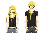  1girl alternate_hairstyle aqua_eyes bare_shoulders belt blonde_hair brother_and_sister casual centrist_8 hairband kagamine_len kagamine_rin long_hair looking_at_viewer nail_polish ponytail siblings simple_background tank_top twins vocaloid 