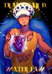  1boy arm_tattoo black_hair character_name chest_tattoo commentary earrings facial_hair goatee hand_tattoo hat heart highres holding holding_sword holding_weapon jewelry male_focus mih0 one_piece sideburns solo sword tank_top tattoo trafalgar_law twitter_username upper_body weapon yellow_eyes yellow_tank_top 