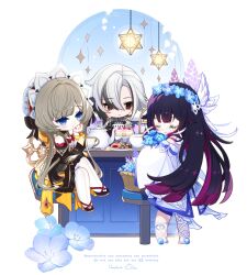  3girls absurdres arlecchino_(genshin_impact) bar_stool basket black_dress black_eyes black_hair blue_eyes blue_flower brown_hair chibi closed_eyes columbina_(genshin_impact) commentary_request cookie counter crossed_legs cup desert detached_sleeves dress eye_mask flower food genshin_impact grey_hair hair_between_eyes hand_on_own_chin head_wings head_wreath headdress highres holding holding_flower hoshiusagi_no_chloe kettle looking_at_another mask multicolored_hair multiple_girls purple_hair ribbon sandrone_(genshin_impact) short_hair_with_long_locks sitting smile stool symbol-shaped_pupils teacup thigh-highs white_background white_dress white_ribbon white_thighhighs winding_key wings x-shaped_pupils 