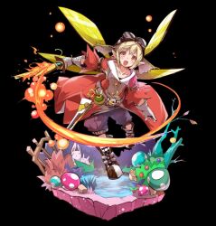  1boy bare_tree belt black_background black_shirt blonde_hair blue_shorts blush boots breaking broken broken_sword broken_weapon brown_belt brown_boots brown_jacket collarbone elf fire flaming_sword flaming_weapon full_body gloves hair_between_eyes highres holding holding_sword holding_weapon insect_wings jacket long_sleeves merc_storia merc_storia_art_team multicolored_jacket mushroom official_art olivier_(merc_storia) open_mouth orange_eyes outstretched_arms pointy_ears pond rabbit red_jacket shirt short_hair shorts sidelocks simple_background solo standing sword tachi-e teeth tree two-tone_jacket upper_teeth_only water weapon white_gloves wings 