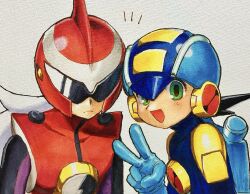  2boys armor blue_bodysuit blue_eyes blue_helmet bodysuit comic_lo grey_background grey_hair helmet highres male_focus mega_man_(series) mega_man_battle_network_(series) megaman.exe multiple_boys noro_zt open_mouth protoman.exe red_armor red_helmet simple_background smile upper_body v 