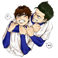  2boys ace_of_diamond baseball_uniform brown_eyes brown_hair choke_hold clenched_teeth closed_mouth commentary_request compression_shirt cropped_torso green_hair heise_wanbaolu kuramochi_youichi looking_at_another male_focus multiple_boys musical_note sawamura_eijun shirt short_hair sideburns spoken_blush spoken_musical_note sportswear strangling teeth white_shirt 