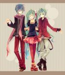  2boys akiyoshi_(tama-pete) blue_hair boots closed_eyes colored crossed_legs eyes_closed fingerless_gloves gloves green_hair hand_holding hatsune_miku hatsune_mikuo holding_hands kaito legs_crossed long_hair multiple_boys open_mouth pantyhose red_legwear scarf sitting skirt twintails very_long_hair vocaloid yoshiki 