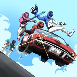  1girl 4boys bakuage_sentai_boonboomger black_bodysuit black_helmet blue_bodysuit blue_helmet bodysuit bun_black bun_blue bun_orange bun_pink bun_red car group_picture gun hashtag-only_commentary helmet highres holding holding_gun holding_sword holding_weapon motor_vehicle multiple_boys naitsupic orange_bodysuit orange_helmet pink_bodysuit pink_helmet red_bodysuit red_helmet riding super_sentai sword tokusatsu weapon white_bodysuit 