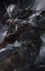  1boy arm_mounted_weapon armor belt black_cape black_gloves black_pants blood blood_on_clothes blue_surcoat blue_tunic cape commentary covered_face cowboy_shot crossbow elden_ring elden_ring_nightreign gloves hands_up helmet highres male_focus pants pauldrons ramiica ramiica404 shoulder_armor smoke solo standing sword sword_on_back tunic weapon weapon_on_back winged_helmet wylder_(elden_ring) 