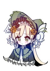  1girl :< alternate_hairstyle black_flower black_rose blonde_hair bonnet braid braided_hair_rings commentary_request flower gothic_lolita green_bonnet green_eyes hair_flower hair_ornament hair_rings hairstyle_switch lolita_fashion long_hair mahou_shoujo_no_majo_saiban rose simple_background solo tono_hanna white_background white_flower yellow_flower yellow_rose zassou_maruko 