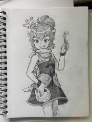  1girl absurdres ahoge bare_shoulders bib bowsette_jr. bracelet commentary cowboy_shot english_commentary greyscale grin hand_up highres holding holding_paint_palette holding_paintbrush horns jewelry leotard lizard_tail looking_at_viewer monochrome new_super_mario_bros._u_deluxe paint_palette paintbrush photo_(medium) pointy_ears ponytail sharp_teeth short_hair smile solo spiked_shell strapless strapless_leotard super_crown super_mario_bros. tail teeth thick_eyebrows tony_kuusisto traditional_media turtle_shell 