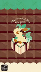  animal_focus bow brown_bow brown_fur brown_sclera candy character_name chocolate closed_mouth colored_sclera ear_bow food green_fur happy_valentine heart heart-shaped_chocolate heart-shaped_food highres leafeon meme_(sleepsheep) no_humans pokemon pokemon_(creature) pokemon_focus star_(symbol) star_in_eye symbol_in_eye valentine yellow_fur 