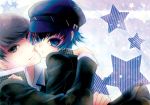  1girl blue_eyes blue_hair cabbie_hat couple grey_eyes grey_hair hat hug narukami_yuu persona persona_4 sakurasawa_yukino school_uniform shirogane_naoto short_hair 