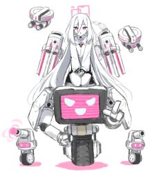  1girl :o blue_archive collared_dress commentary dress drone english_commentary full_body hair_between_eyes halo highres ideolo kei_(amas)_(blue_archive) kei_(blue_archive) kei_(new_body)_(blue_archive) kneeling long_hair long_sleeves looking_at_viewer pink_eyes pointing pointing_at_viewer robot simple_background solo very_long_hair white_background white_hair 