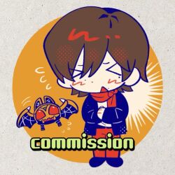  1boy 2786867956wuyu bat_(animal) brown_hair character_request closed_eyes commentary commission facing_viewer full_body kamen_rider kamen_rider_kiva_(series) long_sleeves male_focus mole mole_under_eye nervous_sweating open_mouth pants scarf short_hair standing sweat triangle_mouth watermark 