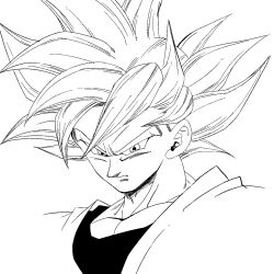  1boy 1rasutotoukou absurdres commentary_request dougi dragon_ball dragon_ball_super greyscale highres monochrome muscular muscular_male simple_background solo son_goku spiky_hair ultra_instinct upper_body white_background 