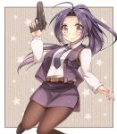  ahoge belt black_legwear blue_hair blush brown_legwear gun handgun idolmaster long_hair miura_azusa necktie pantyhose pistol police police_officer ponytail red_eyes skirt smile solo star van-s vest weapon 