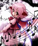  animal_ears ascot blush fang highres long_sleeves looking_back looking_up musical_note mystia_lorelei niyang53 no_hat no_headwear open_mouth pink_hair red_eyes short_hair solo touhou wings 