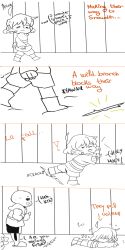  1other 2016 2boys 2d 4koma accident ambiguous_gender ankle_boots artist_name bandaid bandaid_on_face black_shorts boots child comic commentary digital_media double_horizontal_stripe english_commentary english_text flower flowey_(undertale) frisk_(undertale) full_body hand_in_pocket heiwachan hollow_eyes hood hood_down hooded_jacket horizontal-striped_clothes human humanoid jacket long_sleeves male monochrome monster monster_boy multiple_boys plant sans_(undertale) sequential short_hair shorts signature simple_background single_vertical_stripe skeleton sketch sleeping slippers standing stick striped_clothes striped_shorts striped_sweater sweater teeth text thought_bubble trio tripping undead undertale utdr_(toby_fox) vertical-striped_clothes vertical-striped_shorts walking white_background zzz 