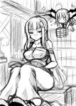  book breasts chibi crescent_moon glasses jema koakuma long_hair looking_at_viewer monochrome moon multiple_girls no_hat no_headwear o_o patchouli_knowledge sitting touhou very_long_hair wings 