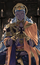  1boy absurdres ashoka_(fate) blue_hair candle circlet closed_mouth embers fate/grand_order fate_(series) highres indian_clothes long_hair looking_at_viewer male_focus mimino_mimizu9 own_hands_together solo very_long_hair yellow_eyes 