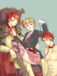  2boys aokiri_(dolce) beatrice blonde_hair clothed_female_nude_male collar dual_persona femdom highres leash multiple_boys nude red_hair redhead sketch smile spoilers straight umineko_no_naku_koro_ni ushiromiya_ange ushiromiya_battler 