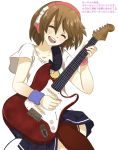  blush closed_eyes electric_guitar guitar headphones instrument kanipanda meiko open_mouth short_hair simple_background skirt smile solo thigh-highs thighhighs translated vocaloid white_background young 