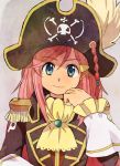  blue_eyes bust epaulettes hair_ornament hairclip hand_to_chin hat juukyuu_mame katou_marika miniskirt_pirates pink_hair pirate pirate_hat simple_background skull_and_crossbones solo 
