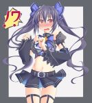  1girl bare_shoulders belt belt_buckle black_hair blush bow breasts choujigen_game_neptune embarrassed hair_bow hair_ornament long_hair midriff minagi navel no_nose noire open_mouth red_eyes skirt solo tears twintails very_long_hair 