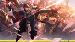  1girl angelina_(arknights) animal_ear_fluff animal_ears arknights arknights:_endfield belt black_boots black_gloves black_thighhighs boots bracelet brown_hair building character_name city cityscape coat colored_inner_animal_ears commentary copyright_name day dress elbow_gloves english_commentary floating_clothes floating_hair floating_paper fold-over_boots fox_ears fox_girl fox_tail full_body gilberta_(arknights) gloves golden_hour grey_dress hand_up headpiece high_belt high_collar highres hongbaise_raw impossible_clothes impossible_dress infection_monitor_(arknights) intersection jewelry long_hair long_sleeves looking_at_viewer map_pin medium_hair open_clothes open_coat orange_hair outdoors power_lines red_coat road science_fiction shoe_soles short_dress skyscraper sleeveless sleeveless_dress solo street sunset tail thigh-highs very_long_hair wide_sleeves zettai_ryouiki 