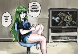 103anon 1girl alternate_costume arbiter armor assault_rifle assault_visor black_shirt black_t-shirt blue_eyes breasts chair clothes_writing commentary_request contemporary controller english_text frog_hair_ornament game_console game_controller green_hair gun hair_ornament hair_tubes halo_(series) halo_3 helmet highres holding holding_controller holding_game_controller holding_gun holding_weapon kochiya_sanae long_hair looking_at_viewer looking_to_the_side master_chief medium_breasts meme metallica orange_visor plasma_sword playing_games playing_video_games power_armor retro_games_sanae_(meme) rifle science_fiction shirt shorts sitting snake snake_hair_ornament socks solo spartan_(halo) speech_bubble stuck_in_the_past swivel_chair t-shirt television touhou weapon white_snake white_socks xbox_360 xbox_controller