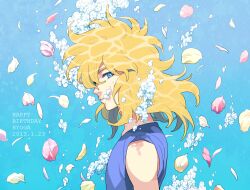  1boy air_bubble androgynous bishounen blonde_hair blue_eyes blue_tank_top bubble caustics commentary_request cygnus_hyouga falling_petals from_side long_hair looking_at_viewer male_focus mosako parted_lips petals profile saint_seiya sideways_glance solo tank_top underwater upper_body 