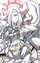  1girl arm_up capelet chain check_clothing clothing_request commentary_request condemned_darklord duel_monster eyes_visible_through_hair fallen_angel fingernails gold_ribbon gold_trim grey_armor grey_capelet grin hair_over_one_eye halo highres limited_palette long_fingernails long_sleeves looking_at_viewer medium_hair open_mouth overlighting red_eyes red_nails saitou_koku simple_background smile solo upper_body v-shaped_eyebrows white_background white_hair wings yu-gi-oh! 