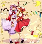  :d ^_^ ascot bat_wings blonde_hair bobby_socks bow brooch closed_eyes crescent dancing dress eyes_closed flandre_scarlet hand_holding happy hat hat_ribbon highres holding_hands jewelry multiple_girls musical_note nosaki_tsubasa open_mouth purple_hair remilia_scarlet ribbon siblings side_ponytail sisters skirt skirt_set smile socks touhou wings wrist_cuffs 