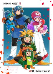  2girls 4boys anniversary belt black_bodysuit blonde_hair blue_eyes blue_gloves blue_hat blue_tunic bodysuit boots border cape carrying carrying_person chibi closed_mouth commentary_request confetti copyright_name cousins curly_hair dragon_quest dragon_quest_ii dress dual_persona full_body gloves goggles goggles_on_headwear green_gloves green_tabard hat highres holding holding_mini_person holding_sword holding_weapon indian_style lifting_person long_hair looking_at_another looking_at_viewer mini_person multiple_boys multiple_girls one_eye_closed open_mouth orange_boots orange_cape orange_gloves orange_hair outside_border pink_dress pink_hood prince_of_lorasia prince_of_samantoria princess_of_moonbrook purple_hair red_eyes red_hood robe sawarabi_(sawarabi725) short_hair sitting smile spiky_hair standing sword sword_on_back tabard tunic v weapon weapon_on_back white_border white_robe 