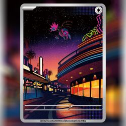  black_sclera building card_(medium) closed_mouth colored_sclera commentary company_name copyright_name copyright_notice english_commentary flying full_body iron_jugulis king_gidora neon_lights night non-humanoid_robot official_art pink_eyes pokemon pokemon_(creature) pokemon_card pokemon_tcg road robot robot_dragon scenery sky solo star_(sky) starry_sky street textless_version third-party_source trading_card tree 