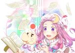  :d book bow crescent hair_bow hat holding holding_book kouzilow long_hair mother_(game) mr.saturn open_book open_mouth paper patchouli_knowledge purple_eyes purple_hair smile solo touhou violet_eyes 
