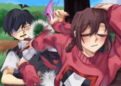  >_< 1boy 1girl antenna_hair arm_up black_hair black_sweater_vest blurry blurry_background blush braid brown_hair closed_eyes collared_shirt commentary day english_commentary eyepatch hand_on_own_head highres long_sleeves low_twin_braids madotsuki medium_hair meme naoya_hitting_choso_without_looking_(meme) omori open_mouth outdoors parted_lips playsky072 red_sweater shirt short_hair short_sleeves spoilers sunny_(omori) sweater sweater_vest tree twin_braids white_shirt yume_nikki 