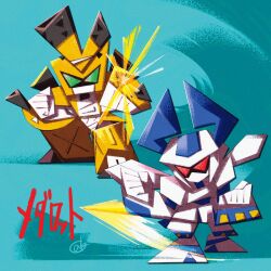  2boys aqua_background arm_blade arm_cannon armor chibi clenched_hands commentary_request full_body green_eyes helmet highres humanoid_robot karasusho male_focus medarot metabee multiple_boys red_eyes robot rokusho_(medarot) simple_background weapon white_armor white_helmet yellow_armor yellow_helmet 