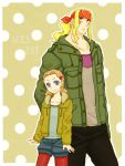  1girl age_difference alex blonde_hair blue_eyes capcom casual frogcage headband height_difference jacket long_hair orange_hair pantyhose patricia_(street_fighter) payot polka_dot polka_dot_background ponytail red_legwear shorts size_difference smile street_fighter street_fighter_iii 
