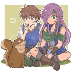  ! 1boy 1girl 5jiyu_ni bartz_klauser blue_eyes blue_tunic boots border brown_boots brown_hair cloak collared_shirt eating faris_scherwiz final_fantasy final_fantasy_v full_body green_cloak green_eyes green_headband hair_between_eyes hair_over_one_eye headband indian_style long_hair purple_hair shirt short_hair sitting spoken_exclamation_mark squirrel swept_bangs tunic white_border white_shirt yellow_background 