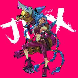 1girl arcane:_league_of_legends arm_tattoo artist_name bare_shoulders black_boots blue_hair boots braid breasts cloud_tattoo commentary crop_top elbow_gloves english_commentary fingerless_gloves gloves hand_on_own_hip highres holding_cannon jinx_(league_of_legends) kiddo_hah league_of_legends long_hair medium_breasts midriff multi-tied_hair multicolored_nails navel pants parted_lips pink_background pink_eyes purple_pants sideboob smile solo stomach_tattoo striped_clothes striped_pants tattoo twin_braids twintails very_long_hair