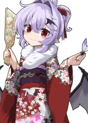  1girl akisome_hatsuka alternate_costume bat_wings blush closed_mouth commentary_request floral_print hagoita hair_intakes hair_ornament hane_(hanetsuki) holding holding_paddle japanese_clothes kanzashi kimono long_sleeves looking_at_viewer obi obiage obidome obijime paddle pointy_ears purple_hair red_eyes red_kimono remilia_scarlet sash short_hair simple_background smile solo touhou tsumami_kanzashi white_background wide_sleeves wing_hair_ornament wings yukata 