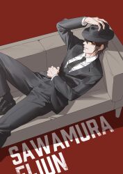 1boy ace_of_diamond black_pants black_shoes black_socks black_suit brown_eyes brown_hair character_name closed_mouth collared_shirt commentary_request couch fedora feet_out_of_frame full_body hat heise_wanbaolu highres jacket looking_at_viewer lying male_focus on_back on_couch pants red_background sawamura_eijun shirt shoes short_hair simple_background smile socks solo suit suit_jacket white_shirt 
