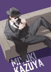  1boy ace_of_diamond belt black_belt black_jacket black_necktie black_pants black_suit brown_eyes brown_hair character_name cigarette coat coat_on_shoulders commentary_request couch fedora feet_out_of_frame glasses hat heise_wanbaolu highres holding holding_lighter jacket lighter lighting_cigarette male_focus miyuki_kazuya mouth_hold necktie on_couch pants purple_background short_hair sideburns simple_background sitting solo suit suit_jacket unlit_cigarette_in_mouth 