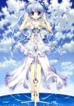  absurdres anklet bare_shoulders barefoot blue_eyes blue_hair blue_sky bracelet butterfly_hair_ornament cloud clouds dress fujima_takuya hair_ornament headphones highres jewelry microphone microphone_stand original sky smile solo thigh_strap twintails water white_dress 