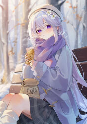  1girl bag bare_tree bench beret black_skirt blue_coat blurry blurry_background blush closed_mouth coat commentary day feet_out_of_frame flower food grey_skirt hair_between_eyes hair_flower hair_ornament hat highres holding holding_food ine_(vtuber) jacket long_hair long_sleeves looking_at_viewer on_bench outdoors paper_bag plaid_clothes plaid_skirt pleated_skirt purple_scarf s0104y scarf sidelocks sitting skirt sleeves_past_wrists snow snowing socks solo sweater taiyaki tree twitter_username very_long_hair violet_eyes virtual_youtuber wagashi waktaverse white_flower white_hair white_hat white_socks winter winter_clothes winter_coat 