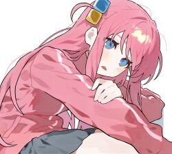  1girl absurdres arm_on_knee arm_rest blue_eyes bocchi_the_rock! cube_hair_ornament from_side gotoh_hitori grey_skirt hair_ornament hand_on_own_elbow haru_(ririne9999rine) highres jacket long_sleeves looking_at_viewer open_mouth pink_hair pink_jacket simple_background skirt solo track_jacket turning_head white_background 