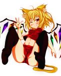  animal_ears black_legwear blonde_hair cat_ears cat_tail fang flandre_scarlet furagu highres kemonomimi_mode navel no_hat no_headwear no_shoes red_eyes short_shorts shorts smile solo tail thigh-highs thighhighs touhou wings wink 