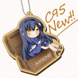  1girl asahina_yori black_hair black_hairband blue_capelet blush bone_hair_ornament capelet character_charm character_name charm_(object) chibi chibi_only closed_mouth comiket_95 commentary_request english_text eyes_visible_through_hair frilled_capelet frills full_body hair_between_eyes hair_ornament hairband kushima_kamome long_hair looking_at_viewer open_box outline sidelocks sitting skull_and_crossbones skull_hair_ornament smile solo straight_hair summer_pockets treasure_chest very_long_hair yellow_eyes yellow_outline 