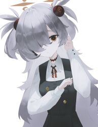  1girl blue_archive brown_eyes brown_ribbon collared_shirt commentary_request diagonal-striped_ribbon dress eyeball_hair_ornament grey_hair hair_over_one_eye halo hand_on_own_ear hands_up highres kanoe_(blue_archive) long_hair long_sleeves looking_at_viewer multicolored_eyes orange_halo pinafore_dress ribbon scar scar_on_neck shirt simple_background sla2h_help sleeveless sleeveless_dress solo two-tone_eyes two_side_up upper_body white_background white_shirt 