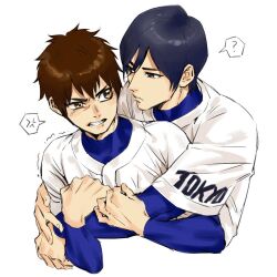  2boys ? ace_of_diamond anger_vein baseball_uniform blue_eyes blue_hair blush brown_eyes brown_hair closed_mouth commentary_request compression_shirt cropped_torso furuya_satoru hair_between_eyes heise_wanbaolu hug_from_side layered_sleeves long_sleeves looking_at_another male_focus multiple_boys sawamura_eijun shirt short_hair short_over_long_sleeves short_sleeves simple_background spoken_anger_vein spoken_question_mark sportswear white_background white_shirt 