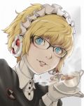  aegis bespectacled blonde_hair blue_eyes coffee cup earphones glasses gloves ina_(gokihoihoi) maid maid_headdress over-rim_glasses persona persona_3 saucer semi-rimless_glasses smile solo spilling steam tea teacup 