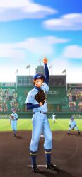  3boys absurdres ace_of_diamond baseball baseball_cap baseball_mitt baseball_stadium baseball_uniform blue_socks brown_eyes commentary_request compression_shirt faceless faceless_male full_body grin hat heise_wanbaolu highres layered_sleeves long_sleeves male_focus multiple_boys pants pointing pointing_up sawamura_eijun shirt shirt_tucked_in short_over_long_sleeves short_sleeves smile socks socks_over_pants solo_focus sportswear standing white_pants white_shirt 